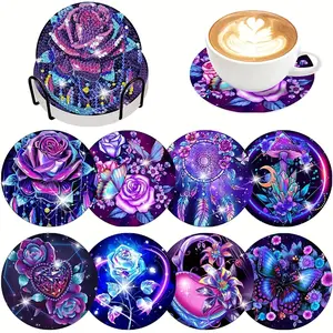 Rose Diamond Embroidery Coasters Set, Sparkling Rhinestone Heat Resistant Drink Mats with Stand, DIY Craft Supplies for Beginners, Diamond Painting Coasters