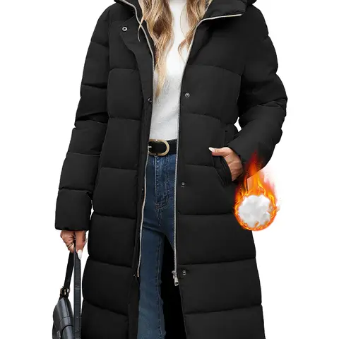 Womens Winter Long Puffer Coats Down Thicken Warm Quilted Jacket Mid-Length with Side Zipper and Hood Outerwear