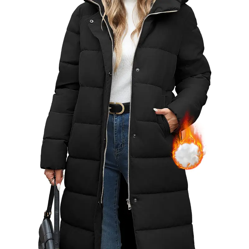 Womens Winter Long Puffer Coats Down Thicken Warm Quilted Jacket Mid-Length with Side Zipper and Hood Outerwear