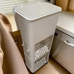Three-Tier Kitchen Trash Can with Lid and Wheels, Kitchen Trash Bin, Durable Thick Plastic Storage Shelf, Mobile Organizer for Kitchen, Living Room, Bedroom, Bathroom