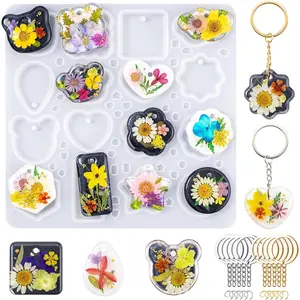 Keychain Resin Silicone Molds with Hole, 16 Cavities UV Resin Jewelry Pendant Mold for Beginner, Epoxy Resin Molds for Keychain Pendant Jewelry Making
