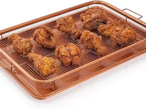 Copper Crisper Tray Non-Stick Oven Baking Tray with Elevated Mesh Crisping Grill Basket 2 Piece Set Extra Large 13"X19" Bakeware Ceramic