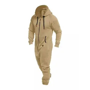 Men'sBeigeThermalFleeceLinedHoodedJumpsuitwithPocketsFullZipperLongSleevesAdjustableDrawstringComfortableSportswearMenswearOverallsKnitting Casual PlainGiftGift
