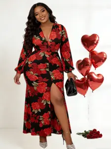 【Plus Size】 Floral Print Ruched Split Thigh Bodycon Dress, Elegant Bishop Sleeve Deep V Neck Long Sleeve Dress for Party Holiday Wedding Guest Gown, Women's Clothes for Spring & Fall