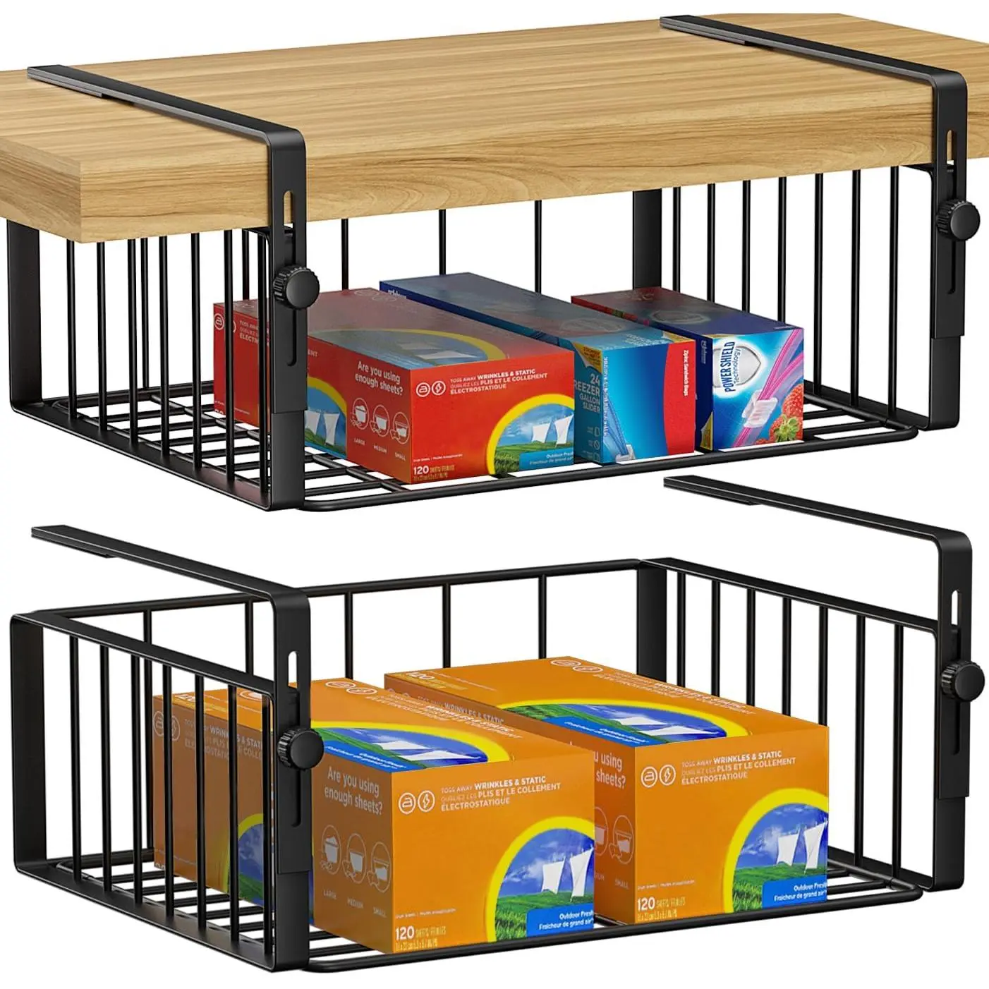 2Pack Under Shelf Basket Organizer,Adjustable Hanging Holder Storage for Cabinet Pantry Kitchen Cupboard Desk Counter Bookshelf Organization Add-on Space Saver Heavy Duty Slide-in,Black