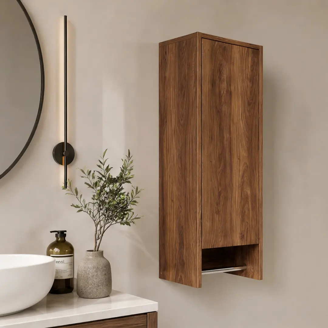 12-Inch Wood-Finished Wall Mounted Bathroom Side Cabinet, Engineered Wood Brown Ebony Storage Cupboard with Soft Close Single Door & Towel Rack, Space-Saving Organizer for Small Bathroom, Laundry Room, Wood-Finished Wall Cabinets
