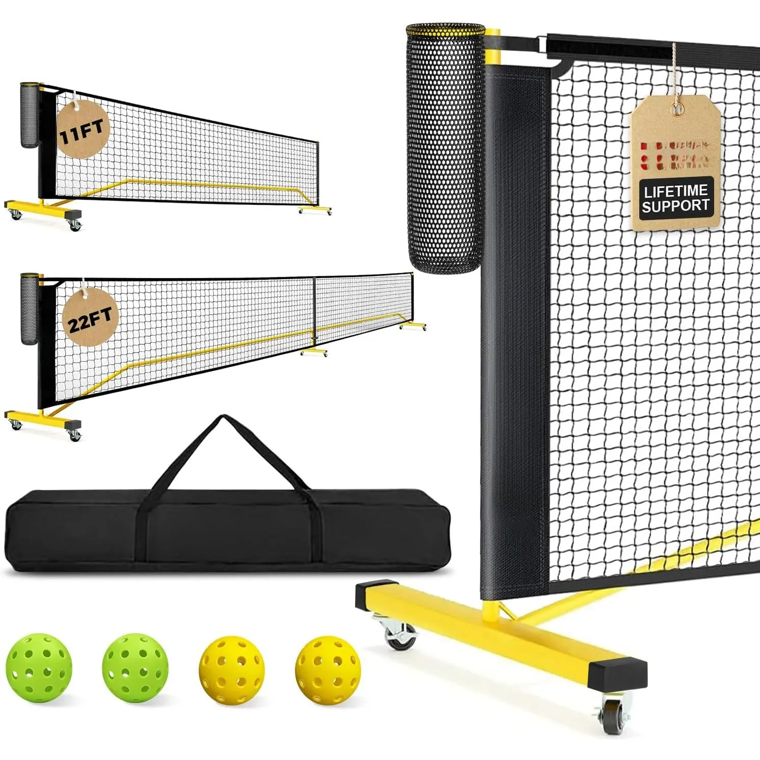 Portable Pickleball Net Set, 22 FT Regulation Size Pickle Ball Net with Ball Collector, 4 Balls and Carry Bag, Easy Setup for Outdoor Indoor Driveway