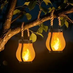 Solar Powered Waterproof Flame Effect Lanterns, Set of 2 Hanging Solar Lights for Outdoor Garden Pathway Patio Decoration, Outdoor Decorative Lights