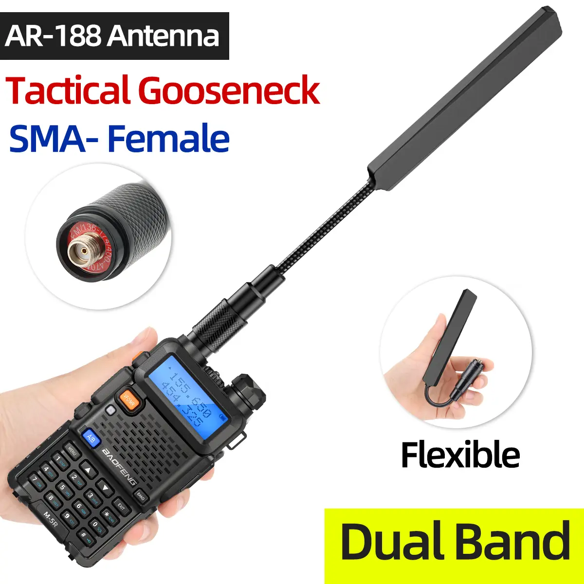 ABBREE Portable Walkie Talkie Ham Radio Antenna - SMA-Female, VHF/UHF 144/430MHz, Foldable Tactical Gooseneck Antenna for Baofeng UV-5R, Mini UV32, DM32