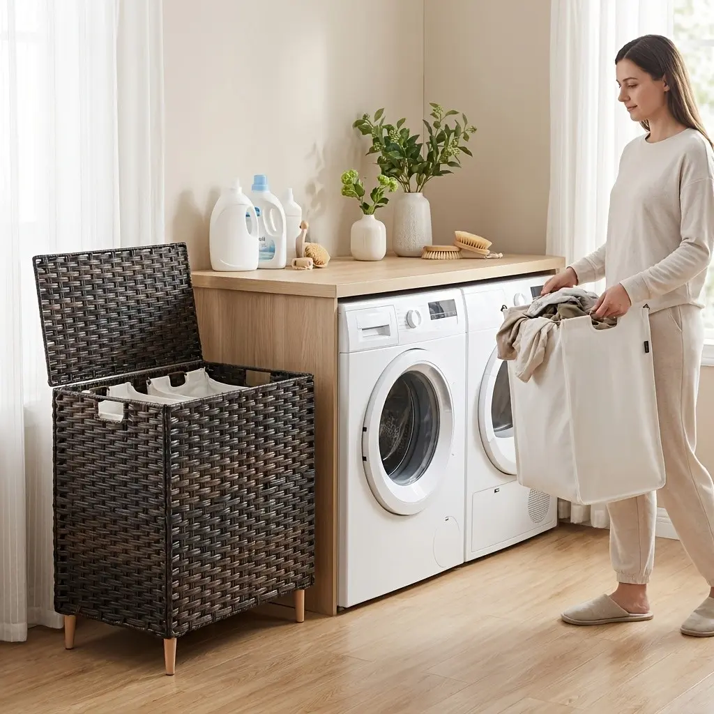 PE Rattan Laundry Basket with Lid, 3-Section Clothes Hamper with Removable Washable Liners, 42.2 Gal 160L, for Bedroom and Living Room