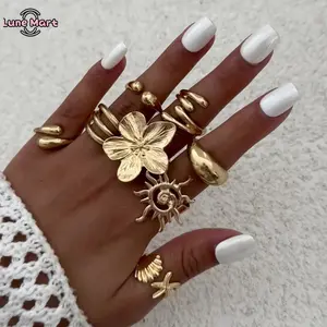 Women's 8-Pack Chunky Gold Flower Stacking Knuckle Rings, Boho Adjustable Open Designs with Starfish & Shell, Summer Beach Statement Christmas Gift Jewelry