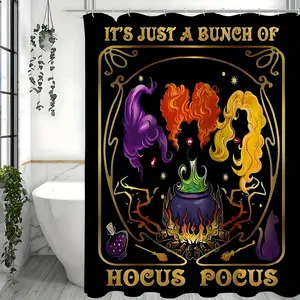 1Pcs Halloween Witch Sisters Shower Curtain Set - Water-Resistant, Gothic Cartoon Pattern, Polyester Material, 12 Hooks,Unlined, Knit Weave, Black Background Bathroom Decoration