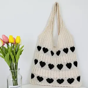 Fashion Knitted Tote Bag, Heart Graphic Crochet Bag, Women's Casual Handbag & Shopping Bag For Valentine's Day