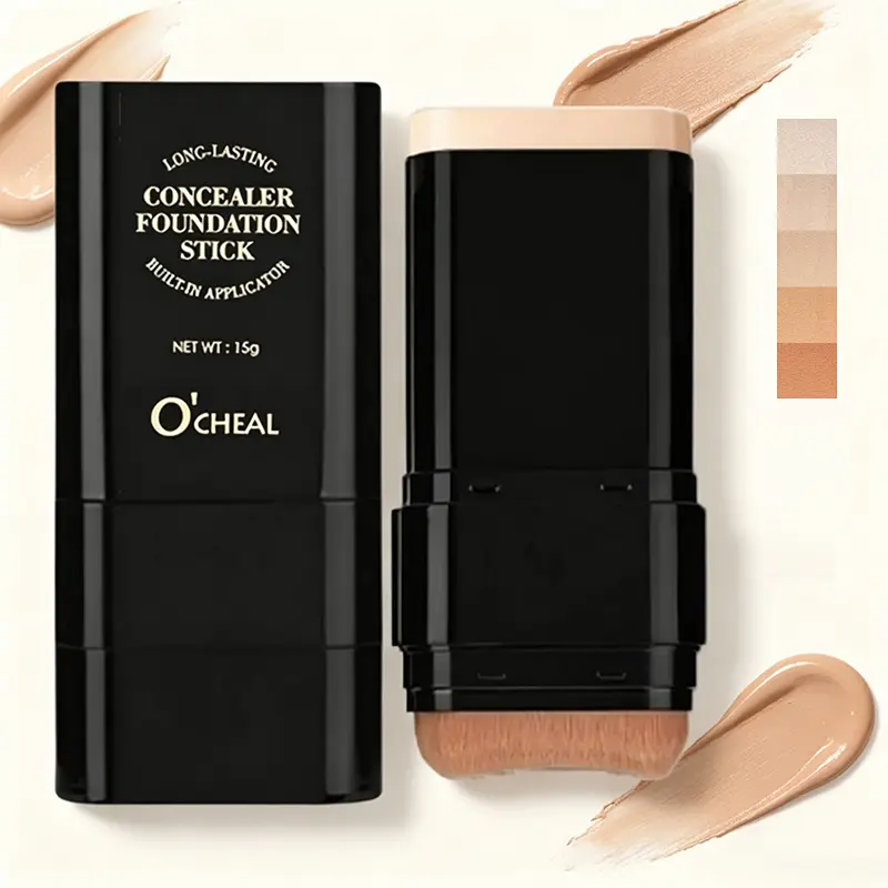 2-in-1 Compact Foundation Stick with Built-In Brush, Gentle Sensitive Skin Cosmetic, Long-Lasting Full Coverage Concealer, Natural Matte Finish, Waterproof, Sweatproof, Blemish-Blurring, Easy-to-Blend, Daily Travel-Size Makeup