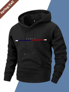 Men's Street Fashion Hoodie Paris Letter Print American Niche Brand Comfortable Stretch Fabric Long Sleeve Pullover Sweatshirt Unique Design Men's Top Menswear Casual