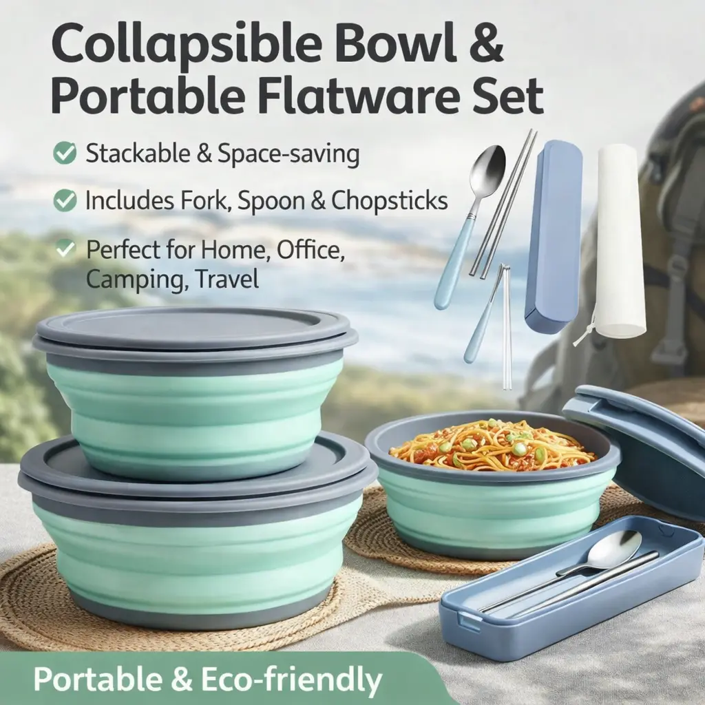 Collapsible Silicone Bowl with Lid - Microwave-Safe Compact Portable Tableware for Camping Cooking, Outing, RV, Salad, Soup, Ramen, Space-Saving Kitchen Supplies