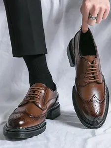 Men's Fashionable Brogue Design Lace Up Dress Shoes, Casual Comfortable Breathable Business Style Shoes for Work Office, Male All-match Round Toe Shoes for Daily Wear, Boy