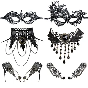 OIDEA Women's 6-Piece Halloween Gothic Masquerade Costume Set - Adjustable, Soft, Comfortable, Lightweight Halloween-Themed Necklaces, Choker, Bracelet & Mask Cosplay Party Accessories