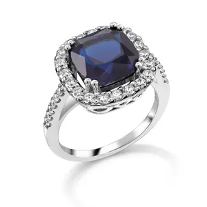 925 Sterling Silver Halo Cocktail Ring, Halo Cocktail Ring, Cushion Cut 10mm Simulated Sapphire Halo Cocktail Ring, Simulated Sapphire Ring, Halo Ring