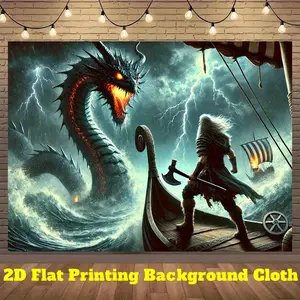 1pc Viking Battle Banner - Norse Mythology Dragon Warrior Backdrop with Viking Ship, Stormy Seas Design for Photo Booth, Party Decorations, Live Stream Background - Durable Polyester Fabric Indoor/Outdoor Decoration, Event Decor, Heroic Theme, Detailed