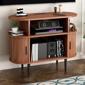 Large Round Record Player Stand with Charging Station & USB Ports, Record Storage Cabinet, Mid Century Modern Turntable Stand for Bedroom Living Room (WALNUT)