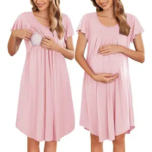 Nursing Nightown Labor and Delivery Gown for Hospital Pleated Breastfeeding Dress Short Sleeve Maternity Sleepwear