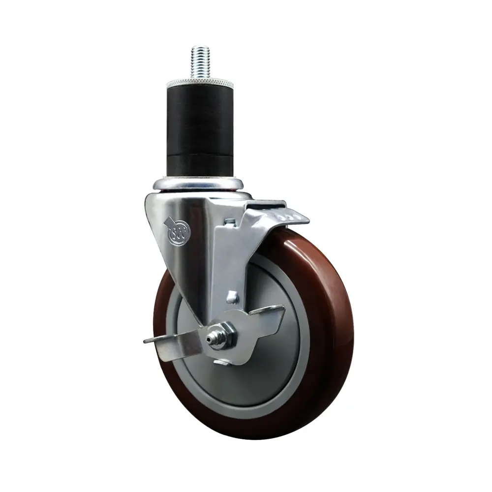 212 MAIN Series #20 SCC-EX20S514-PPUB-MRN-TLB-134 Polyurethane Expanding Stem Swivel Caster, 5 in. Maroon Furniture Moving Wheel, 1.75 in. Stem, Top Locking Brake, 350 lbs Load Capacity, 1 Caster for Shop Projects, Lockable Swivel Wheels