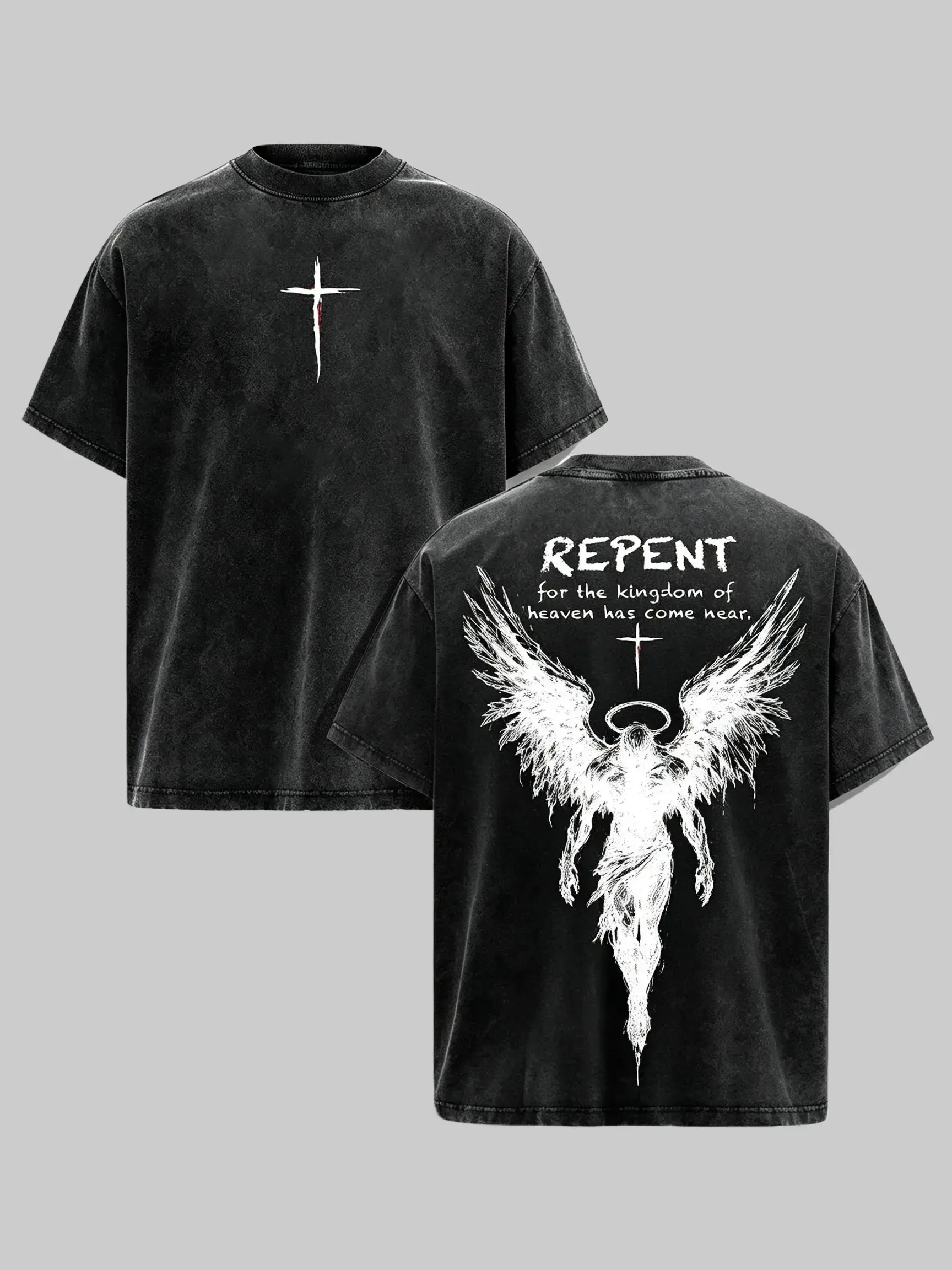 Oversized Angel Graphic T-Shirt, Vintage Washed Heavyweight 100% Cotton Unisex Casual Streetwear Top, Shortsleeve, Menswear, Relaxed Cut, Premium Cotton, Pre-Washed Soft, Graphic Front, Crew Neck, Angel Print, 2Xl, 3Xl, Classic