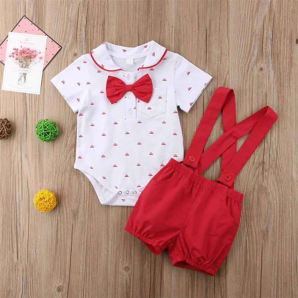 Baby Boys 2PCS Clothes Set, Bow Folded Collar Short Sleeve Printed Button Romper, Solid Color Suspender Short Pants Set