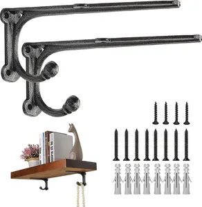 8 Inch Shelf Brackets Heavy Duty 2 Pack, Cast Iron Shelf Brackets with Hooks, Rustic Wall Brackets for  Shelves