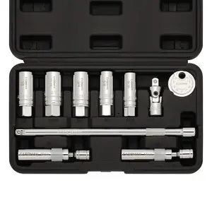 CASOMAN 10PCS 3/8"Drive Magnetic Spark Plug Socket Set, 6PT&12PT, Include Extension Bar, Universal Joint & Spark Plug Gapper, CR-V Steel