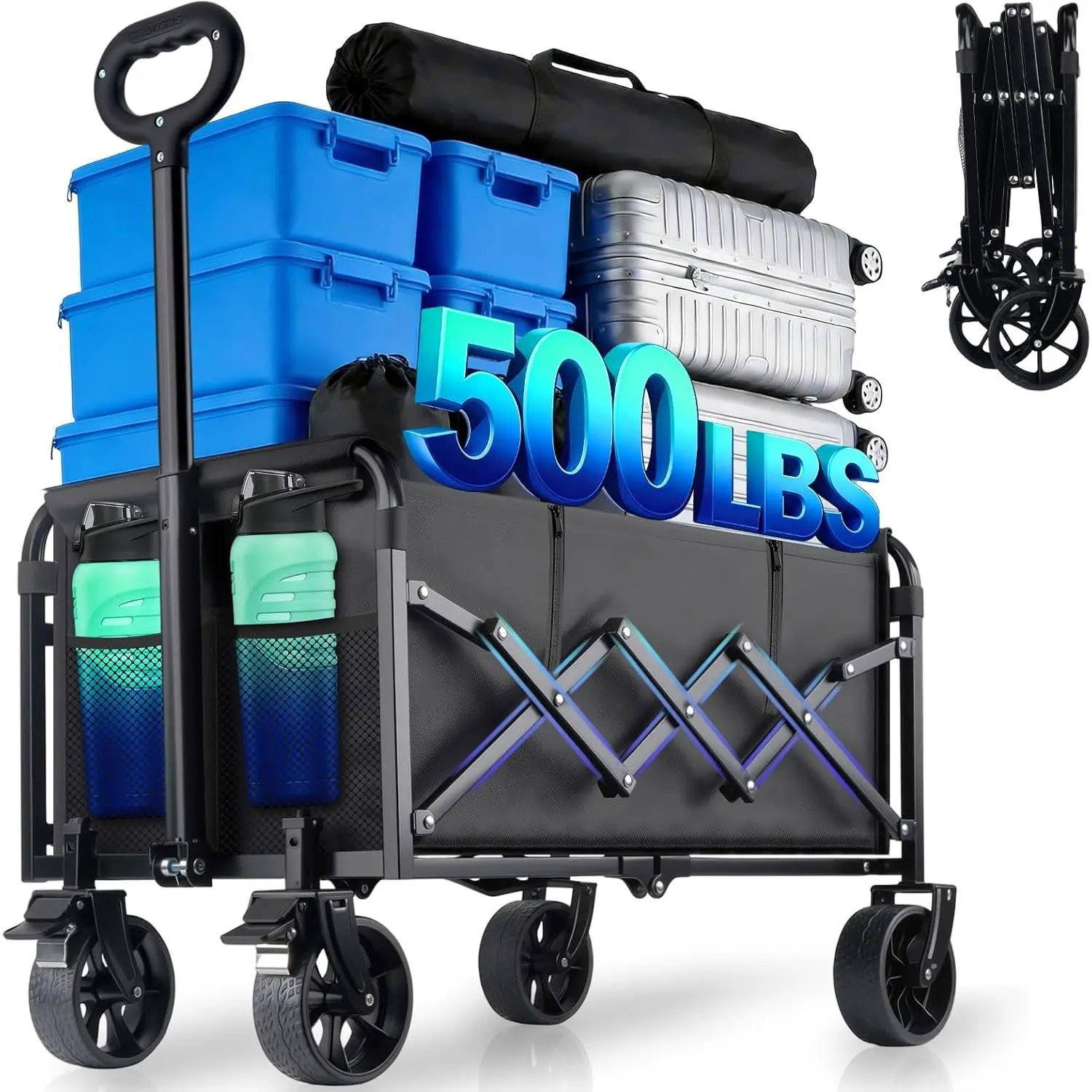 500LBS Collapsible Wagon Cart Foldable - 230L Large Heavy Duty Utility Cart with 360?Swivel  Wheels, Lightweight Collapsible Wagon for Groceries Camping & Beach