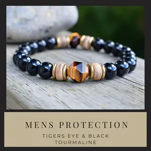 Mens Protection Bracelet Tigers Eye & Black Tourmaline Healing Natural Crystal Stone Gemstone Gorgeous Energy Jewelry Souvenir Valentine Anniversary Love Girlfriend Boyfriend Christmas Halloween Birthday Gift New Year