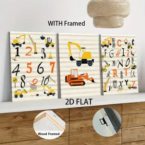 3pcs Framed  Kids Number Learning Canvas Wall Art Cartoon Construction Vehicle Themed Print with Wooden Frame Educational Decor for Nursery Kindergarten Boys Room 1-10 Numbers Wall Hanging 2D Flat ho