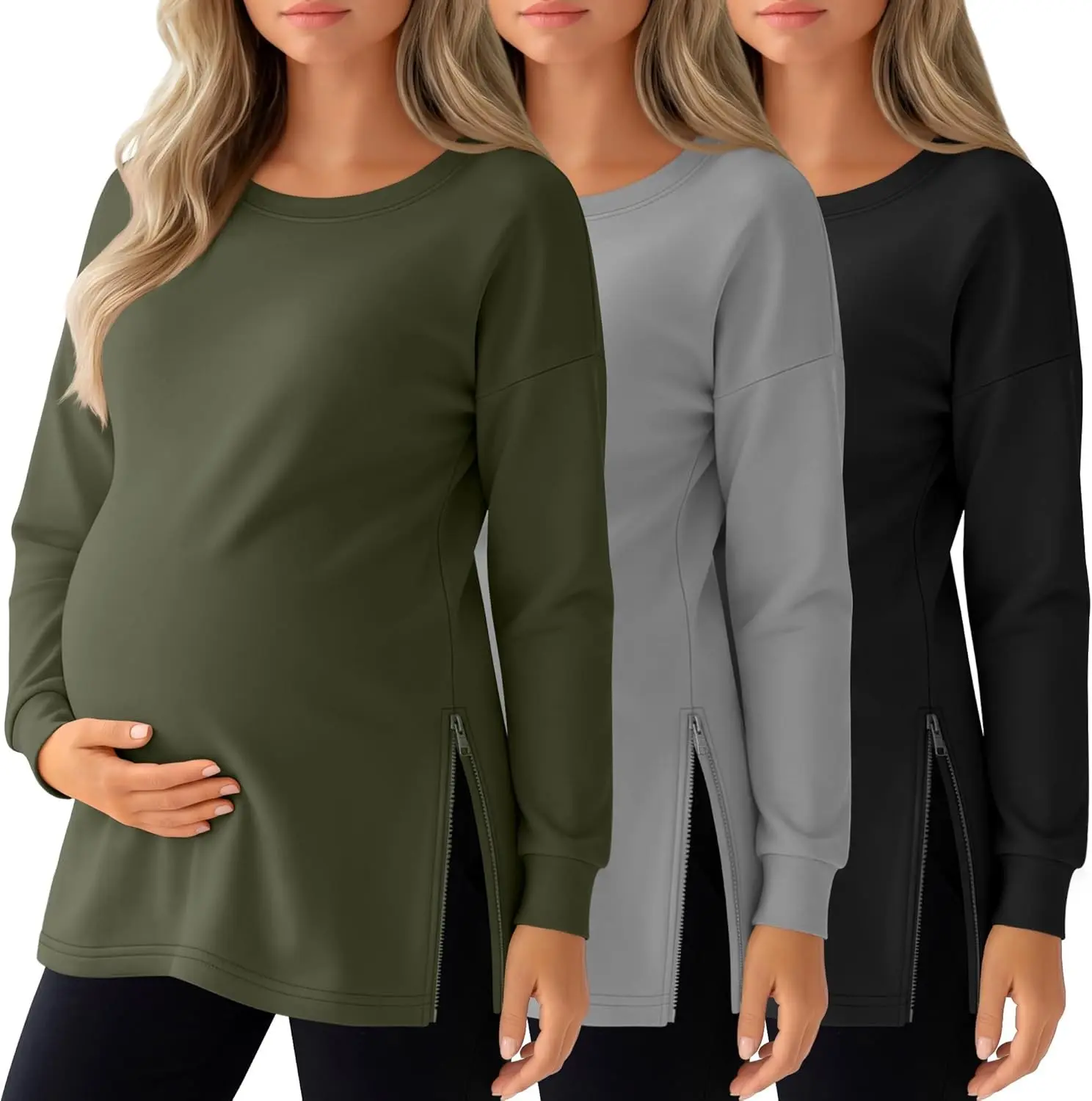 3 Pack Women's Maternity Shirts | Long Sleeve, Cotton, Zipper, Split Side Tops, Casual, Loose, Pregnancy, T-shirts, Clothes, comfortable, soft, breathable