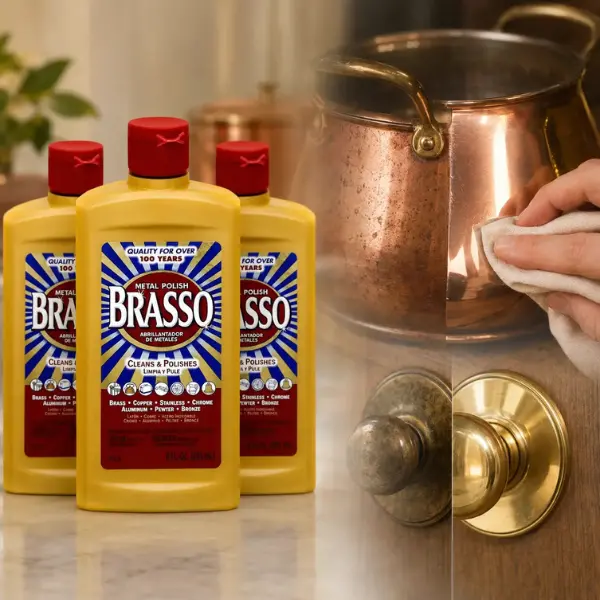 Brasso 8 oz. Metal Polish,metal care,liquid polish,apply and buff,clean cloth,instant shine,long protection,heavy tarnish,years buildup,dull metals,antique hardware,heirlooms,door knockers,cabinet handles,trumpet,motorcycle parts,chrome taps,bath fixtures