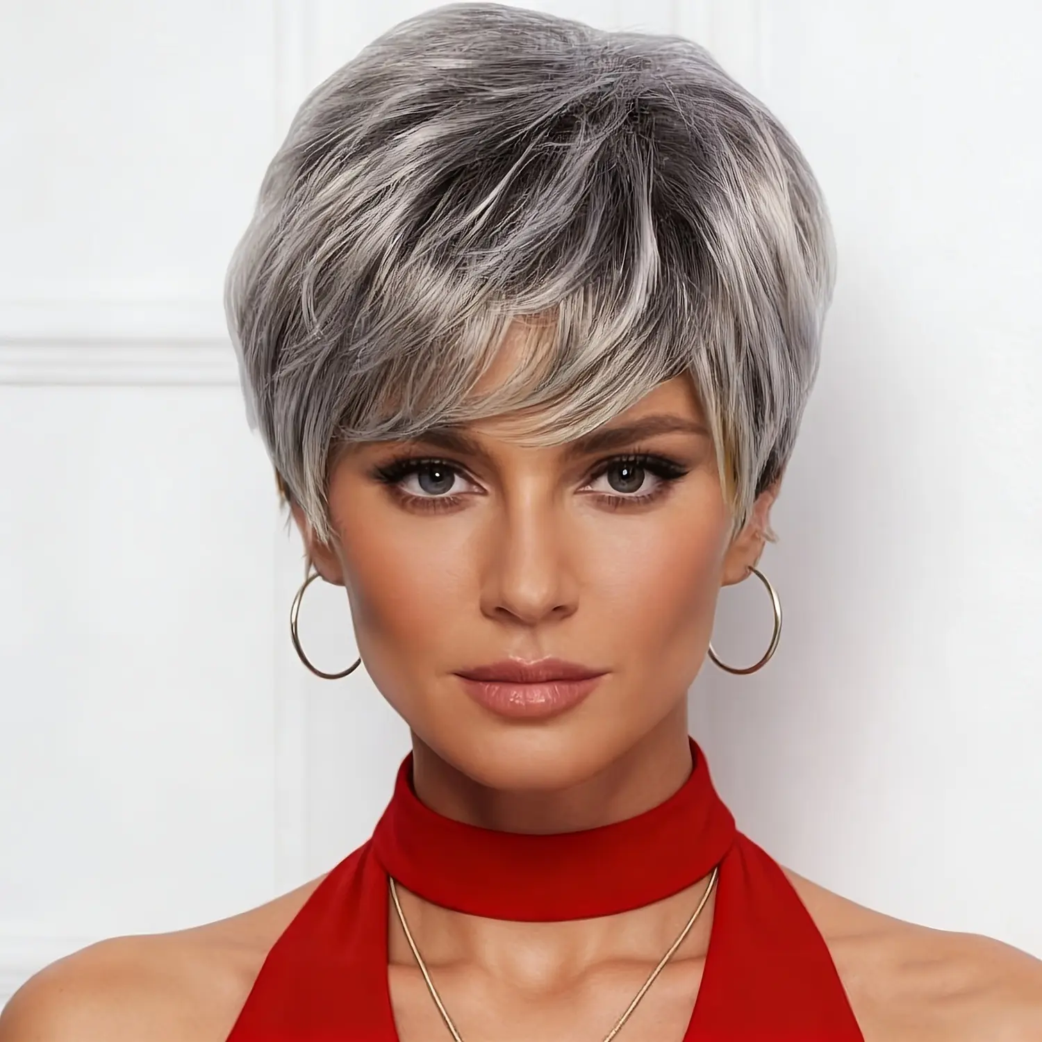 Women'S Short Gray-Silvery Wig, Layered Pixie Cut with Bangs, Synthetic Short Gray Hair Wig, Ready to Wear