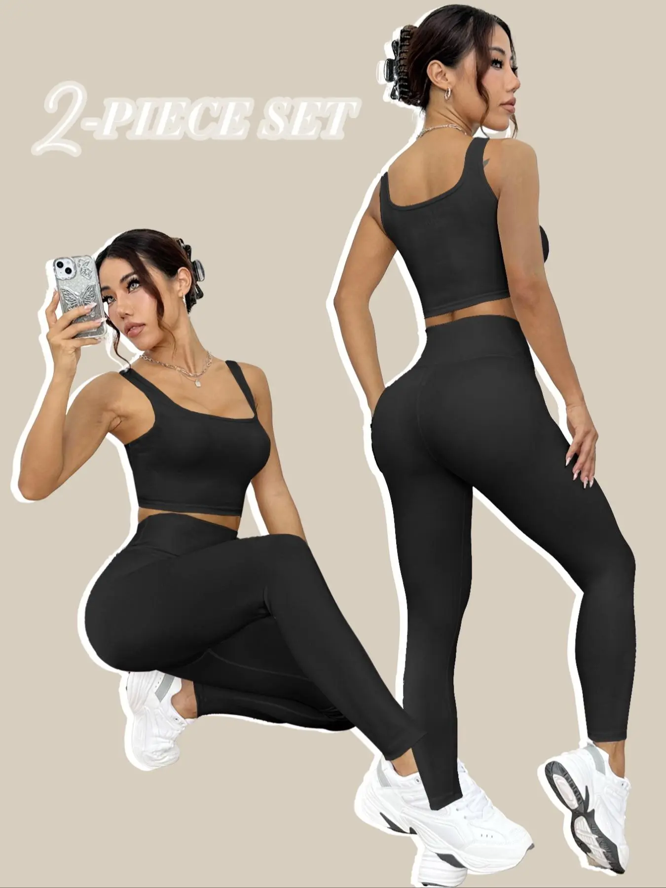 Two-Piece Set, Gym Athletic Clothes, Fitness Wear, Women's Solid Ribbed Crop Sports Top & High Waist Leggings Yoga Bottoms, Breathable Comfortable Outfits for Yoga Gym Workout Running, Ladies Sportswear for All Seasons