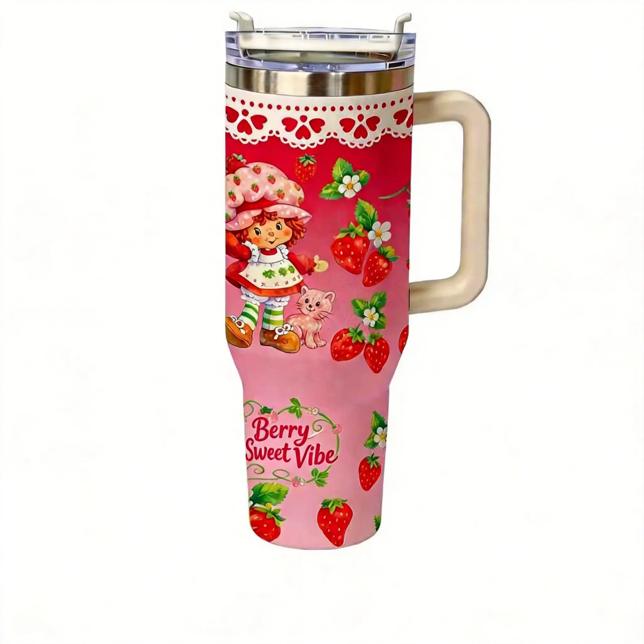 40oz Stainless Steel Reusable Vacuum Flask, Cottagecore Retro Strawberry Girl Insulated Water Bottle with Handle, Straw & Lid, Nostalgic Mother's Day Gift for Mom & Friend, Kitchenware Drinkware, Animals
