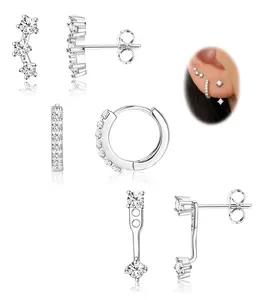 FIASASO 3 Pairs 925 Sterling Silver Hypoallergenic Earrings Set for Multiple Piercing Dainty Stud Huggie Small Hoop Earrings for Women Trendy Cute Earring Stacks for Sensitive Ears, Classic Style Earrings, Hoop Earring Sets