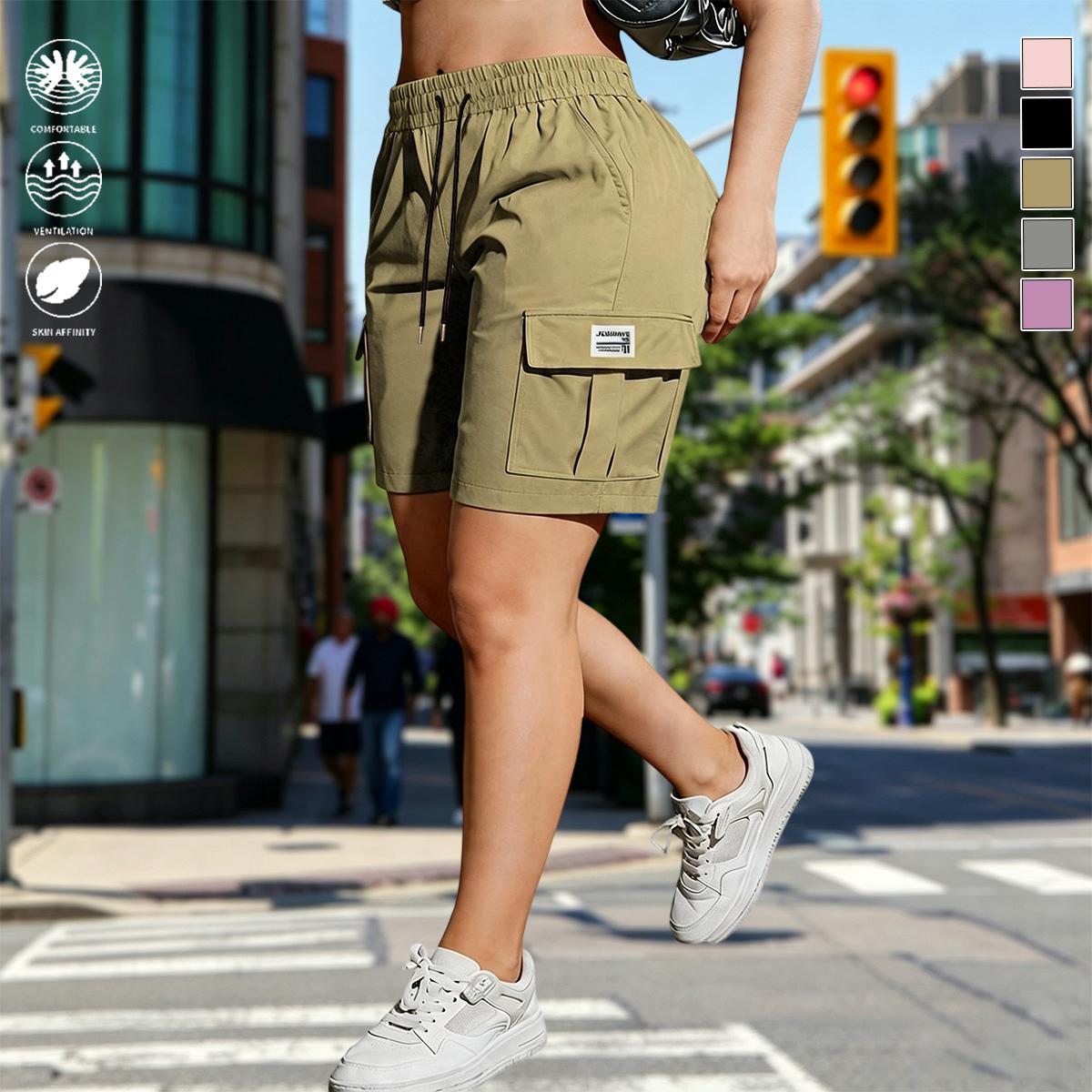 Pack of 4 women&rsquo;s outdoor cargo shorts&mdash;breathable, quick-drying, multi-pocket design, solid color, drawstring elastic waistband; suitable for outdoor sports and casual wear; summer shorts, women&rsquo;s shorts.