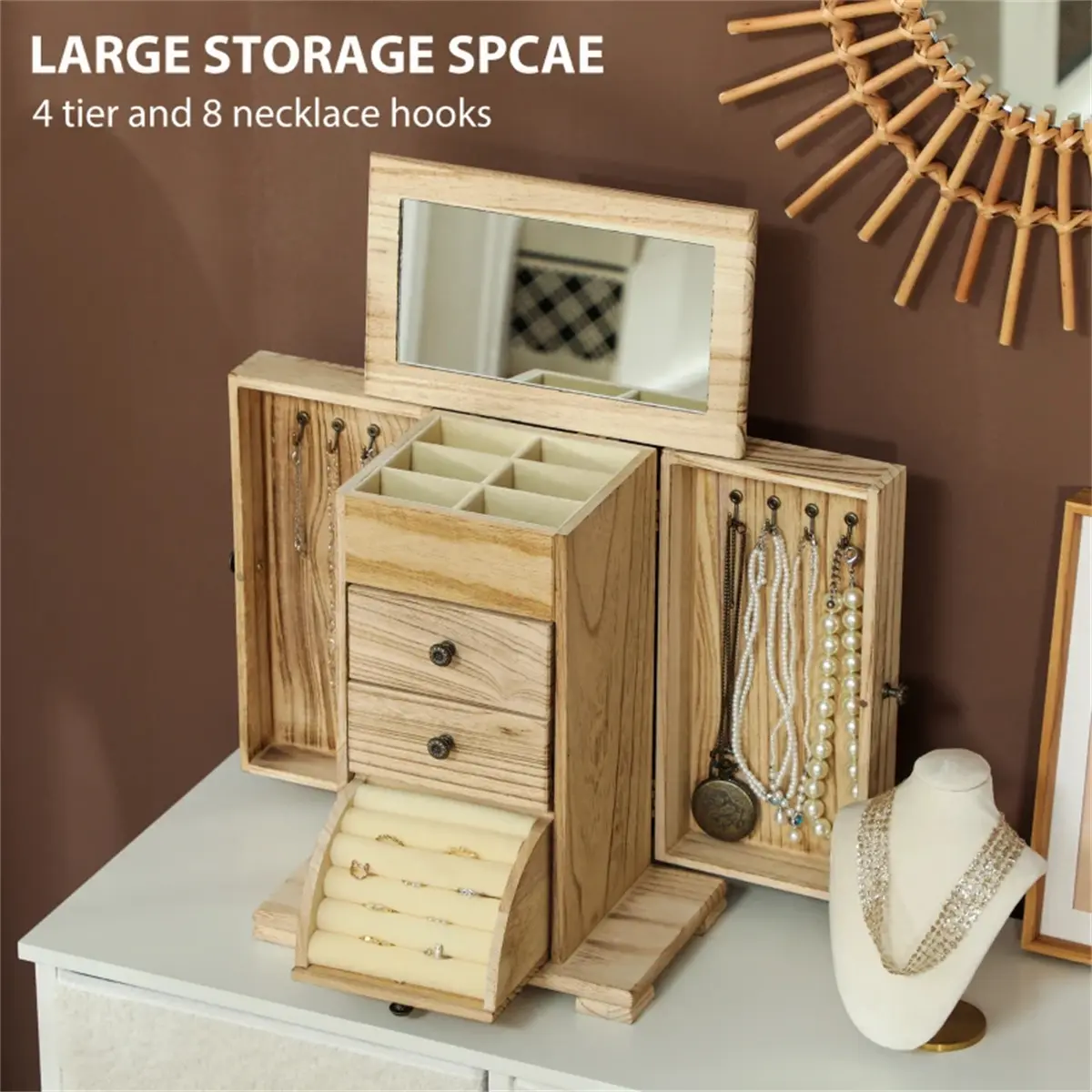 High-End Wooden Jewelry Vanity Organizer - 4-Tier Rectangle Cabinet with Mirror, Decor Drawer, Storage Boxes, 10.4" w x 6.3" d x 13.2" h, Modern Bedroom Indoor Furniture
