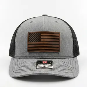 American Flag Leather Patch Trucker Hat, Mesh Back Snapback Cap for Men, Adjustable Patriotic Baseball Hat, USA Outdoor Gift