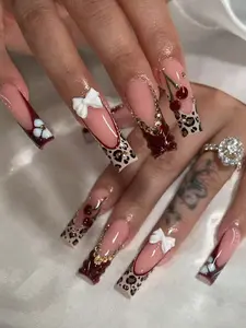 24pcs/Set Elegant & Gorgeous 3D Cherry Ripple, Vintage Leopard Print, French Manicure, Rhinestone Bow Decor Long Square Press-On Nails, Suitable For Girls/Women Daily, Valentine's Day, Wedding, Party