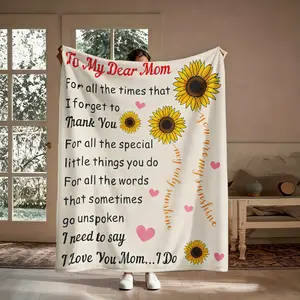 Lightweight Dear Mom Sunflower Flannel Blanket, Breathable Soft Heartfelt Message Throw, All Season Blanket for Home Office, Heartwarming Gift for Mom & Grandma