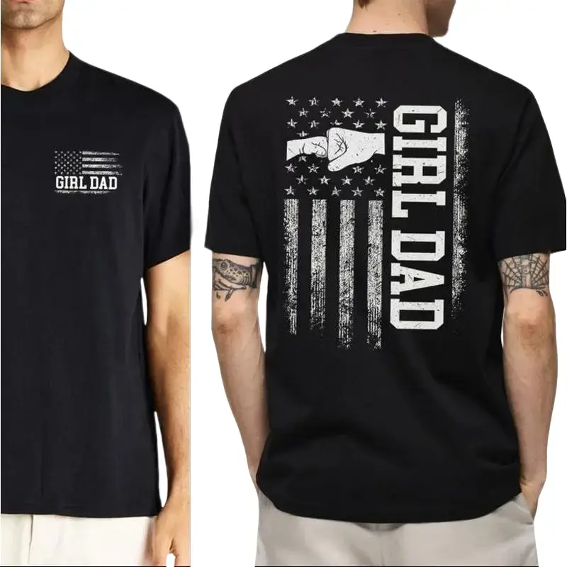 Men's Girl Dad Graphic T-Shirt with Patriotic American Flag Design, Shortsleeve Breathable Cotton for Proud Fathers, Tee, Distressed Print, Father-Daughter, Round Neck, Streetwear, Casual, Classic, Soft