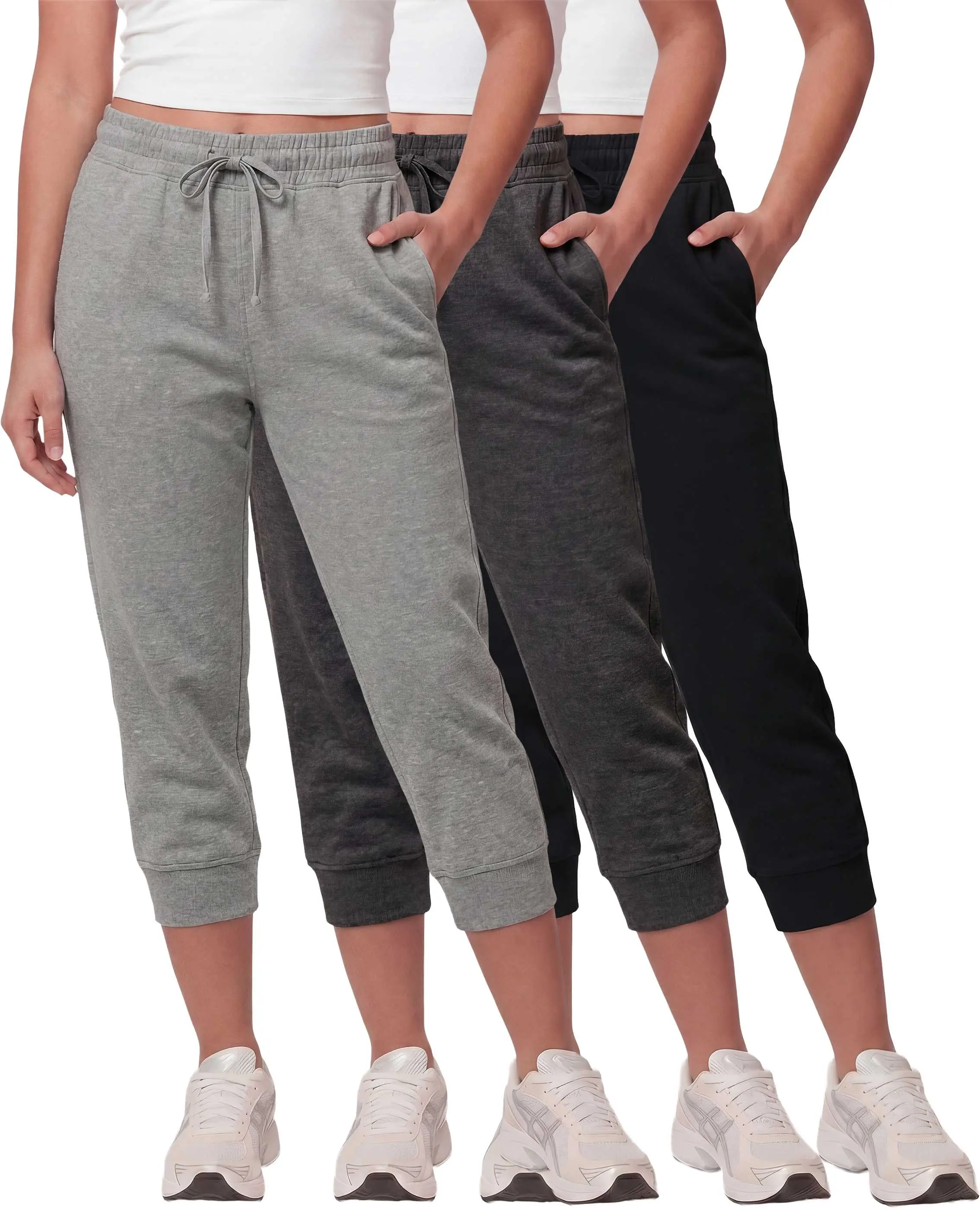 Real Essentials 3 Pack: Women’s Fleece Capri Joggers Athletic Lounge Gym Running Sweatpants with Pockets (Available in Plus)