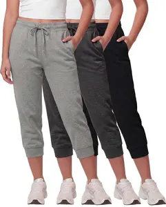 Real Essentials 3 Pack: Women’s Fleece Capri Joggers Athletic Lounge Gym Running Sweatpants with Pockets (Available in Plus)