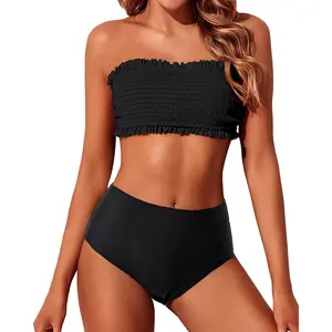 Yonique Women's Bandeau Bikini Set Two Piece Smocked Swimsuits Ruffle Off Shoulder Bathing Suit with High Waisted Bottoms
