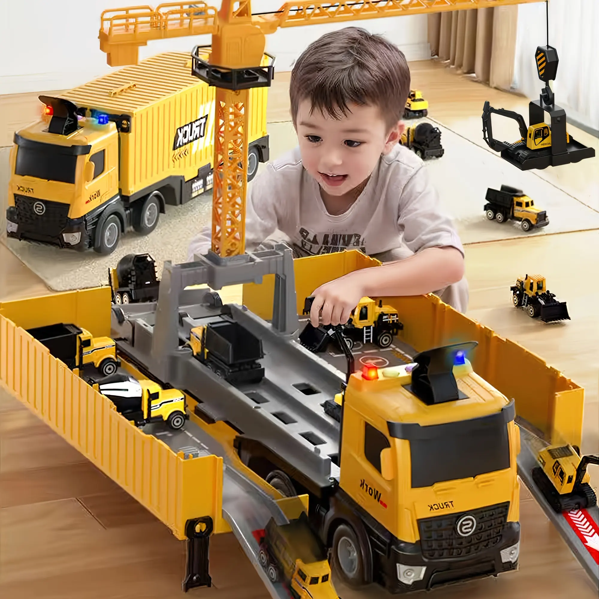 Construction toy truck transport car carrier  Crane for Kids - Transport car Truck Race Track Kids Toy Eject Car Set Excavator Bulldozer Dump Trucks Cement Truck Vehicle Easter Christmas Birthday 2+ 3 4 5 6 7 8 Years Old   Play Set High Quality
